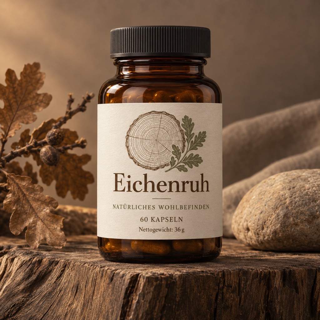 Eichenruh in einer Produktaufnahme mit lesbarem Etikett